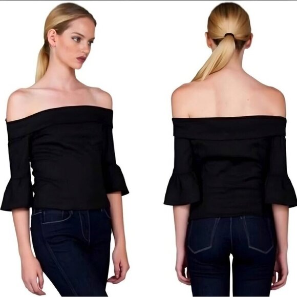 Stone Cold Fox Off-Shoulder Black Bell Sleeve Top – Linen Blend – NWOT – Size 0 - Picture 2 of 13